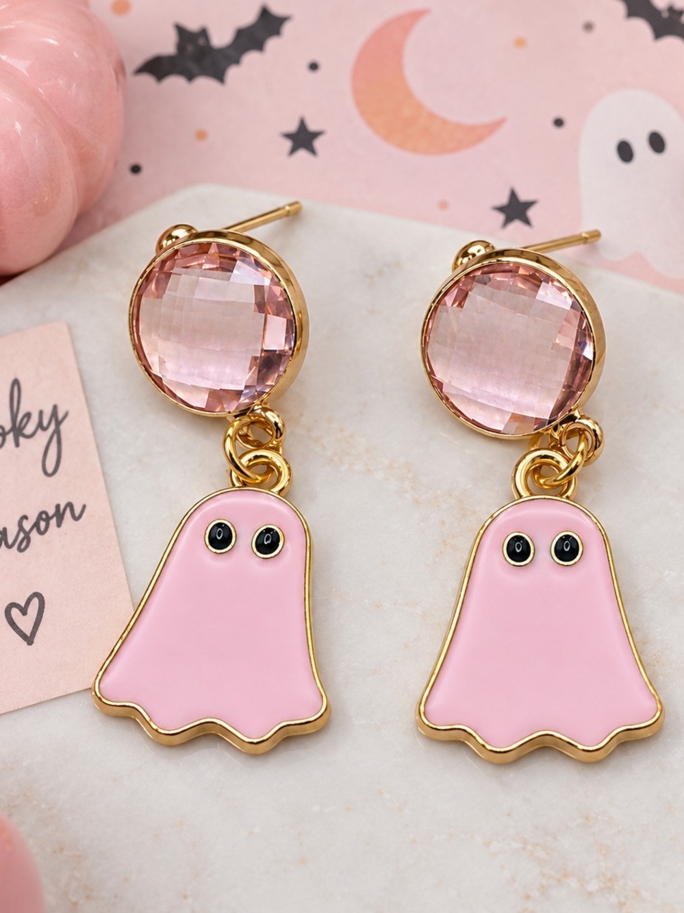 Pink Ghost Earrings Faceted Crystal Gold Tone Spooky Halloween Dangle